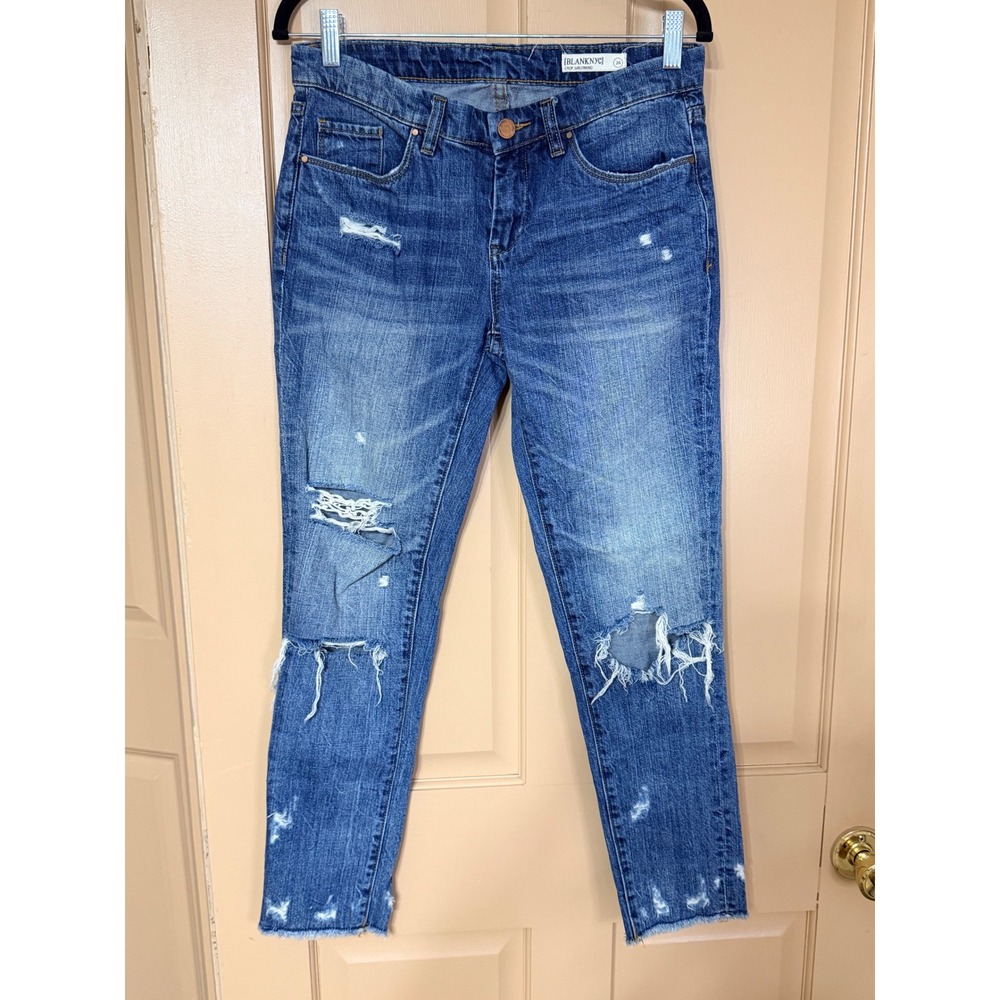 Blank NYC Crop Girlfriend Distressed Jeans Medium Wash Raw Hem Size 26